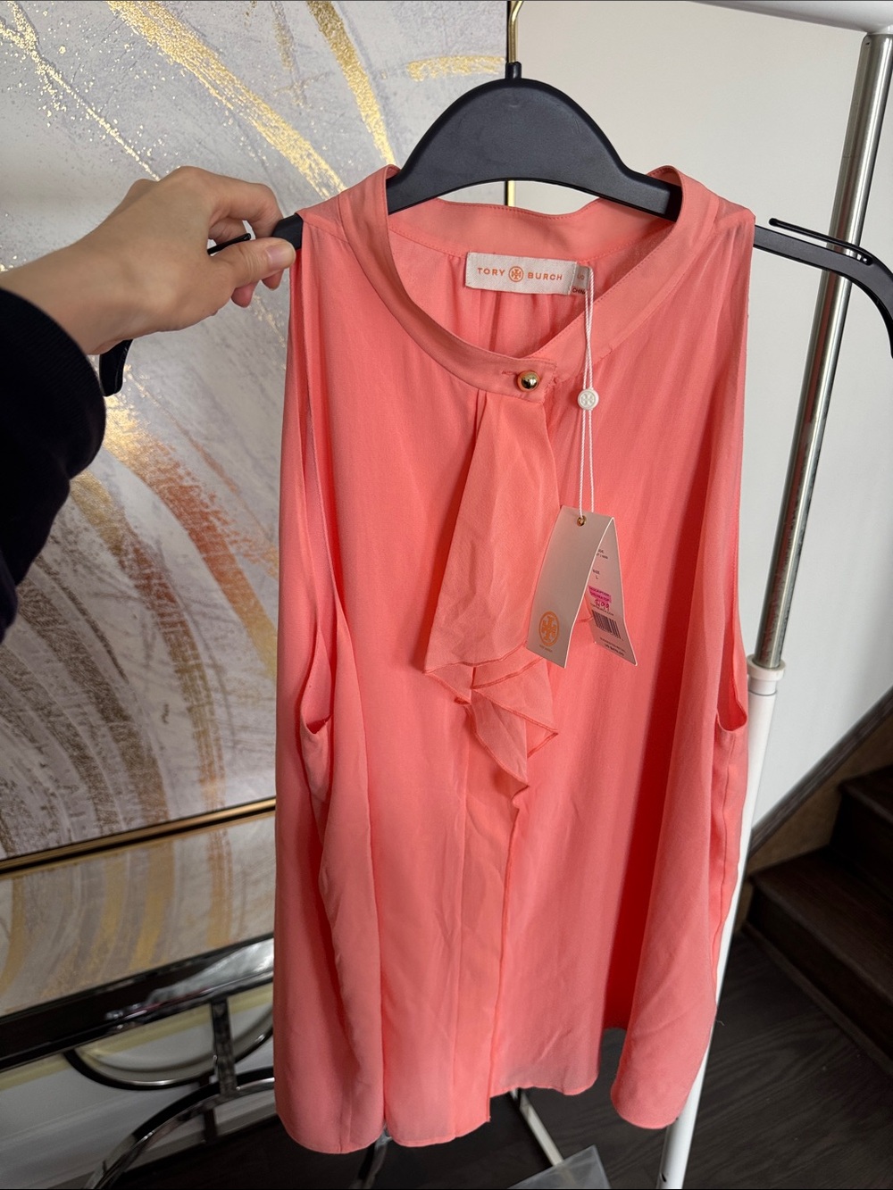 Tory Burch Coral Ruffle-Front Sleeveless Top